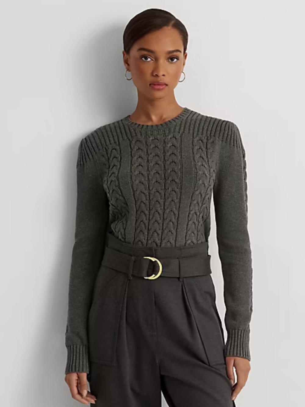 NWT LAUREN RALPH LAUREN grey Cable-Knit Puff-Sleeve crew neck Sweater sz medium